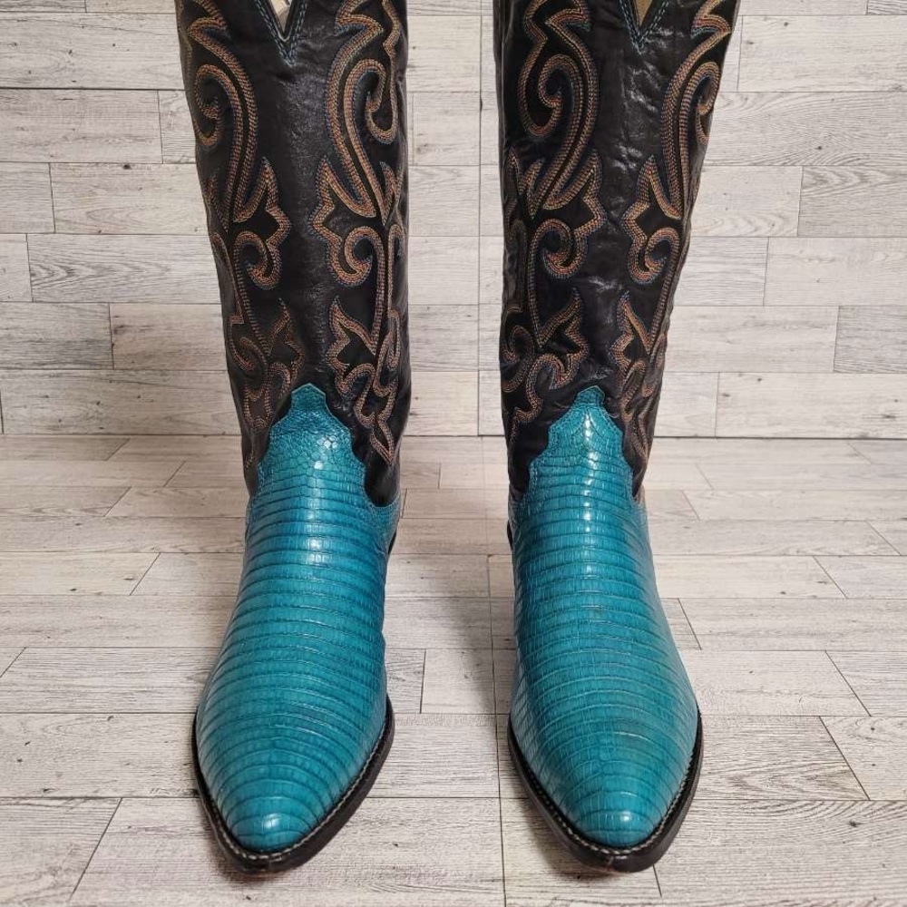 Women's Justin Western Turquoise Lizard Leather Rodeo Cowboy Boots Size 6.5 B - Picture 3 of 10